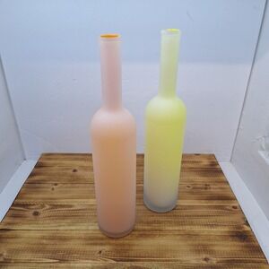 2 Vintage Frosted Bottles Orange Yellow 11.5 Inches Tall‎ 2" Wide